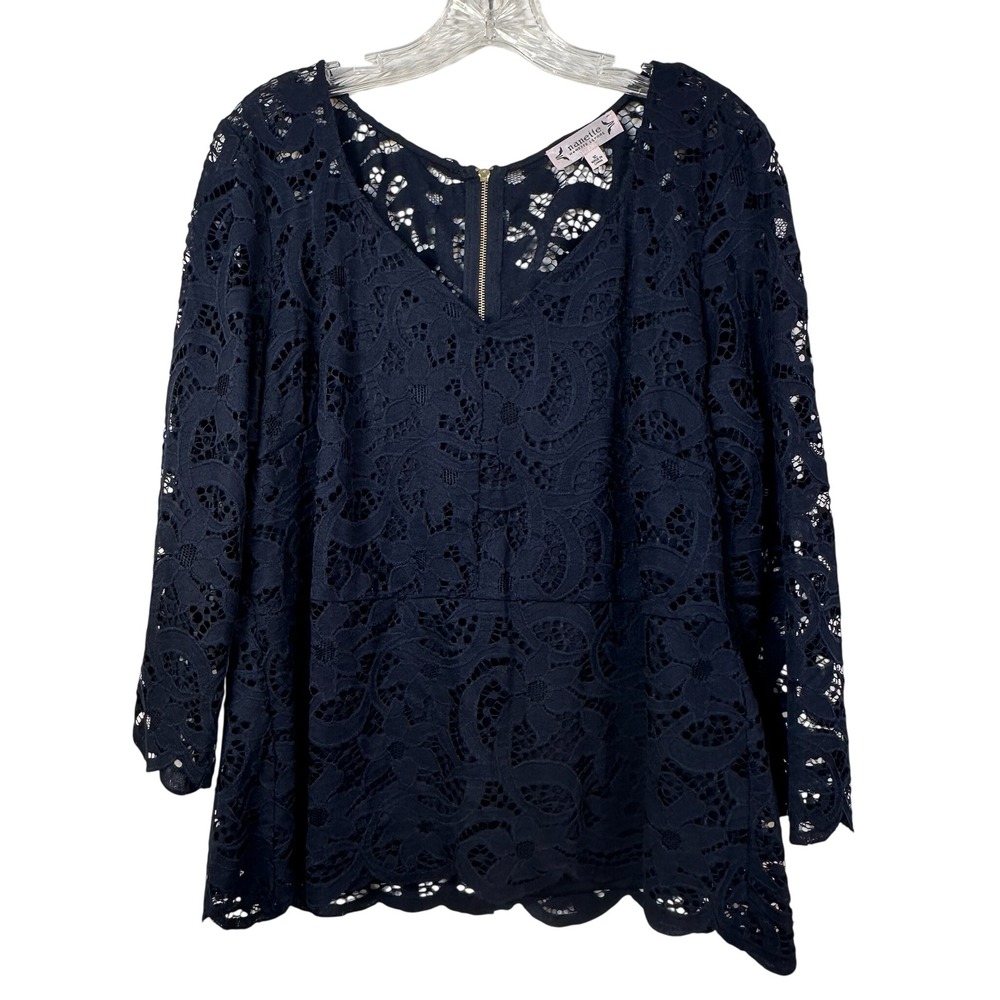 Nanette Lepore Navy Floral Lace V-Neck Blouse Scalloped Hem Top XL